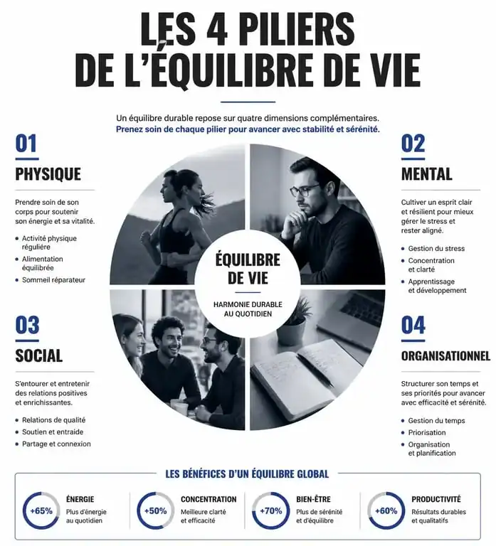 Infographie des 4 piliers pour un meilleur équilibre de vie : physique, mental, social et organisationnel.
