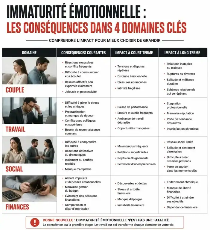 Tableau récapitulatif des conséquences de l'immaturité émotionnelle dans la vie quotidienne