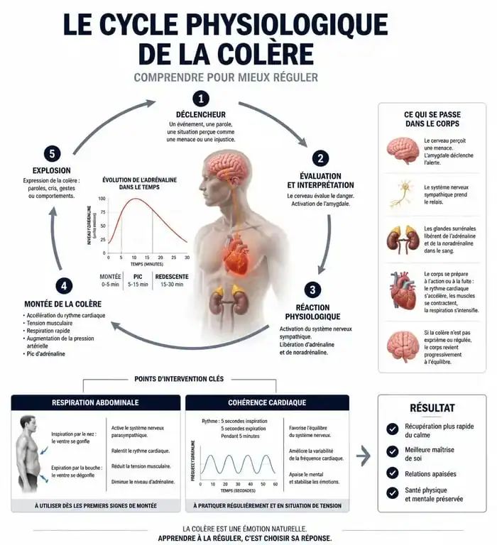 Infographie sur les mécanismes physiologiques de la colère et les techniques pour mieux gérer sa colère au quotidien