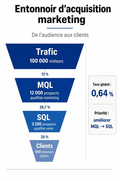 Schéma du tunnel de conversion en lead acquisition marketing : du trafic aux clients