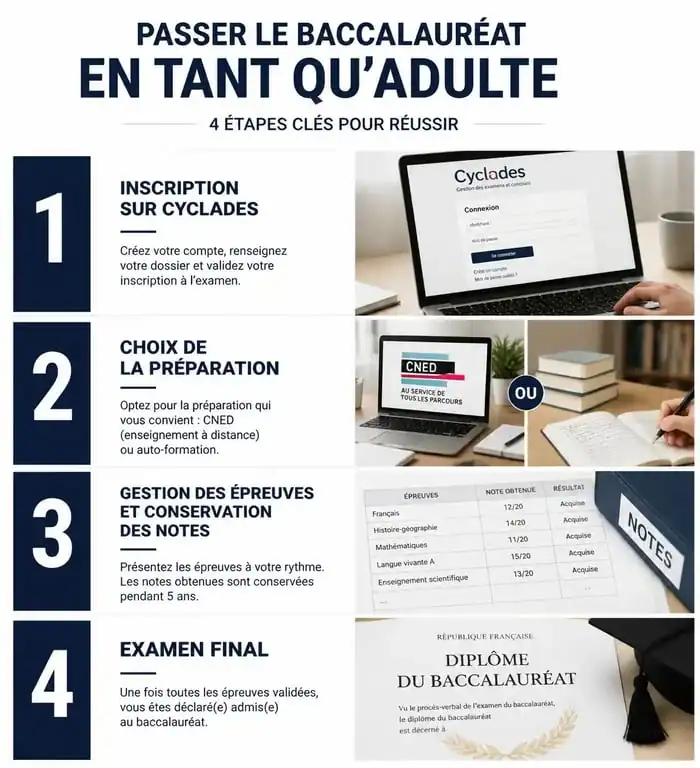 Infographie des étapes pour passer son bac adulte et obtenir son diplôme