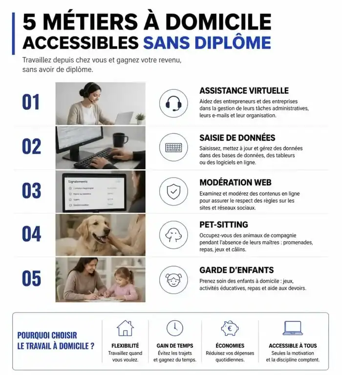 Infographie des métiers à domicile sans diplôme pour réussir sa reconversion professionnelle