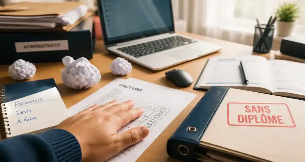 Métier a domicile sans diplome : bureau à la maison, ordinateur et documents