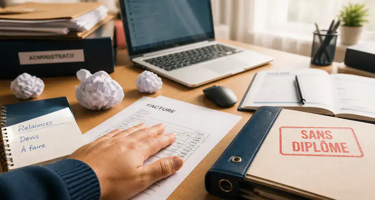 Métier a domicile sans diplome : bureau à la maison, ordinateur et documents