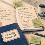 Carnet d'objectif personnel sur bureau avec café et plante