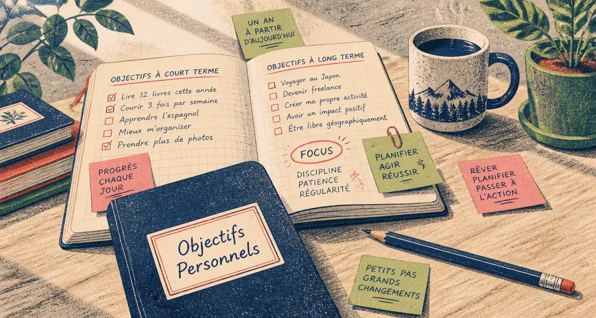 Carnet d'objectif personnel sur bureau avec café et plante