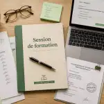 Vue bureau session de formation dossier ordinateur badge