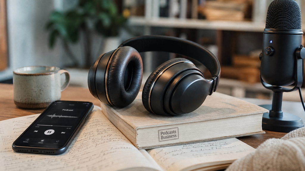 Business podcasts : casque audio sur bureau avec smartphone