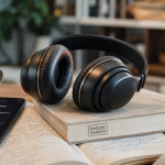 Business podcasts : casque audio sur bureau avec smartphone
