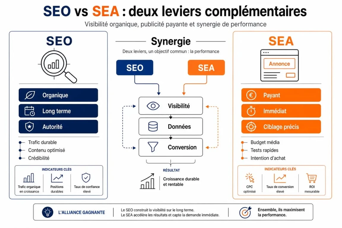 Infographie comparative SEO vs SEA : différences entre référencement naturel et payant