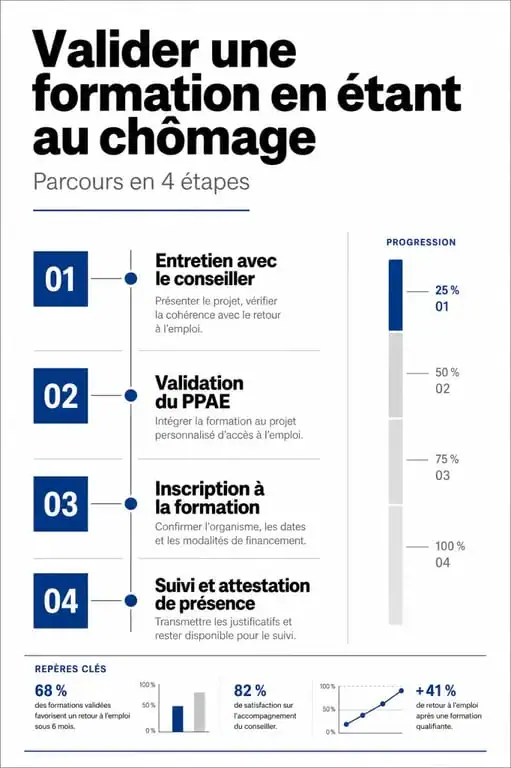 Infographie des étapes pour suivre une formation en étant chômeur et valider son projet avec France Travail