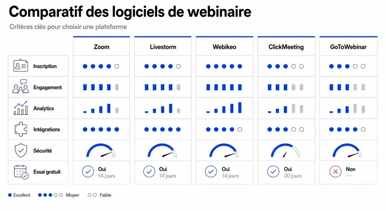 Comparatif de logiciel webinaire avec les principales plateformes et leurs fonctionnalités clés