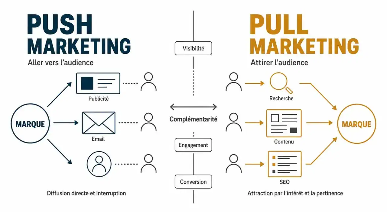 Tableau comparatif illustré entre push marketing et pull marketing pour comprendre leurs différences et usages