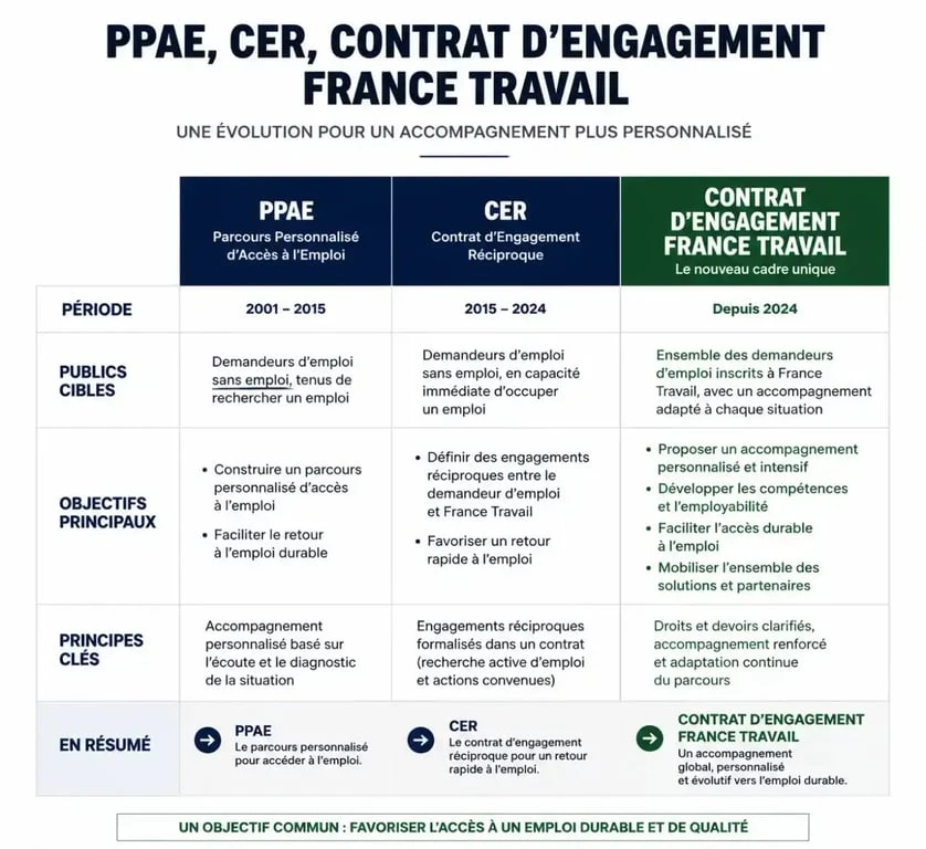 Infographie comparative des dispositifs d'accompagnement France Travail et du contrat d'engagement