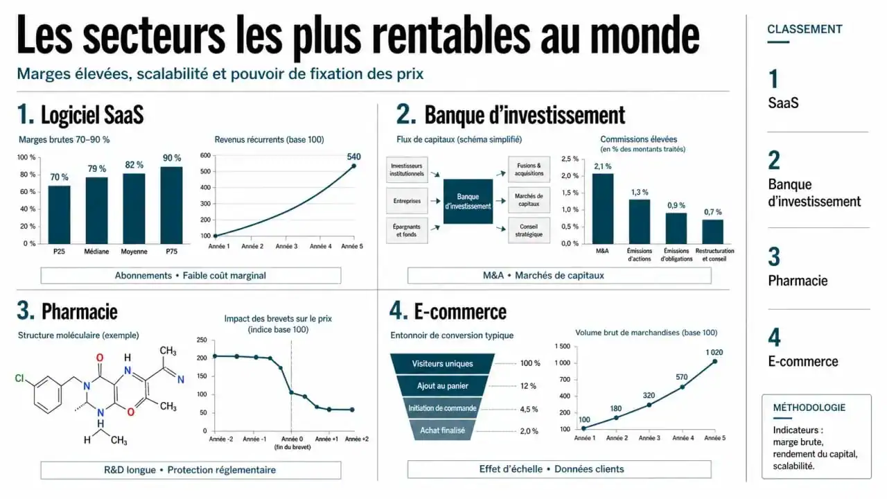 Infographie des secteurs d'activité les plus rentables au monde pour les entrepreneurs et investisseurs.