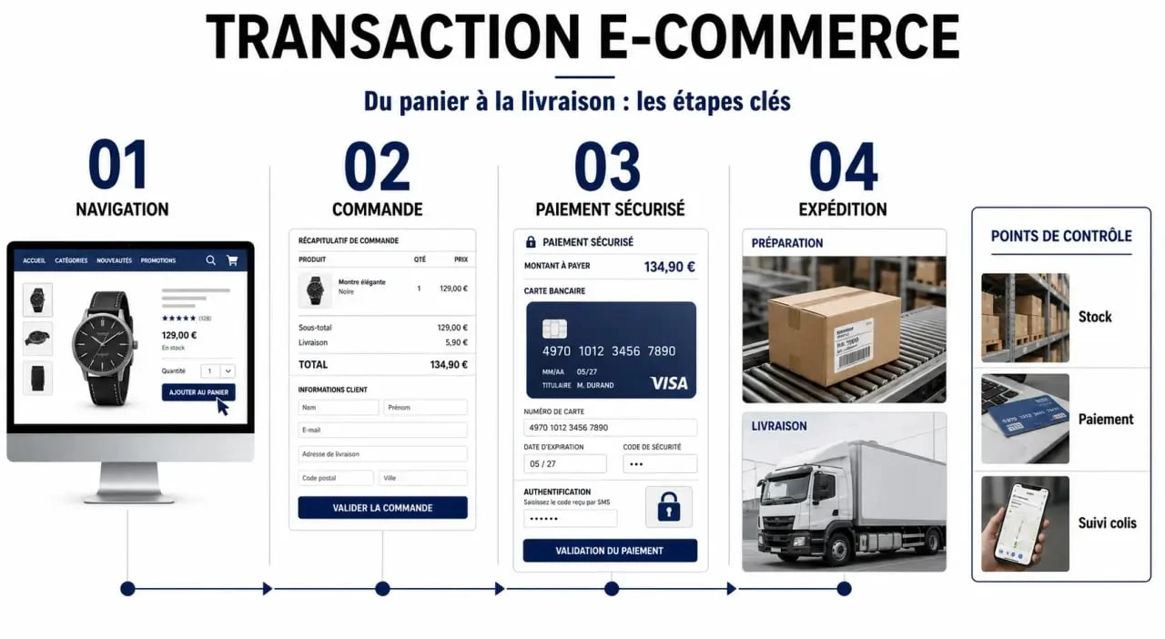 Schéma illustrant le fonctionnement d'une transaction e-commerce et les étapes clés de la vente en ligne