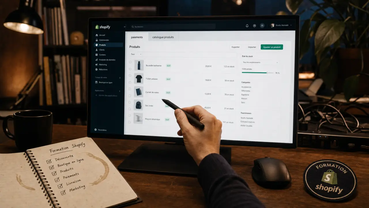 Formation shopify : maquette Shopify et bureau pour lancer une boutique en ligne