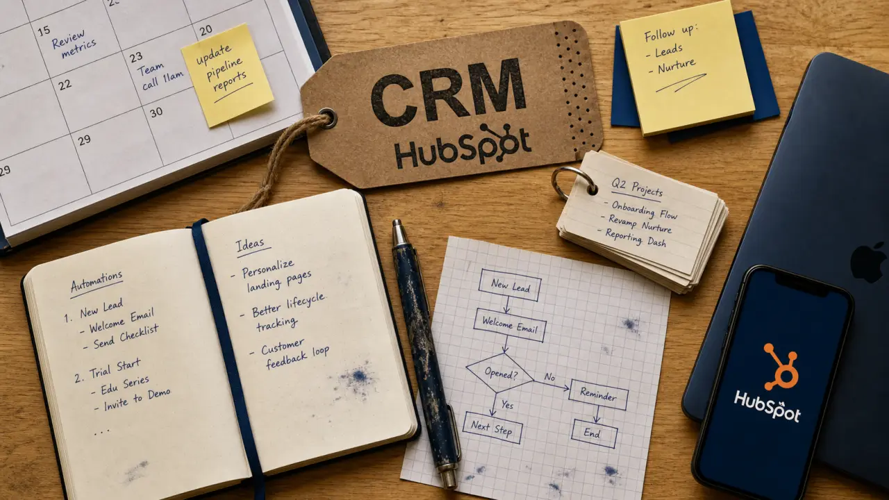 HubSpot c est quoi : carte CRM sur un bureau, marketing ventes support