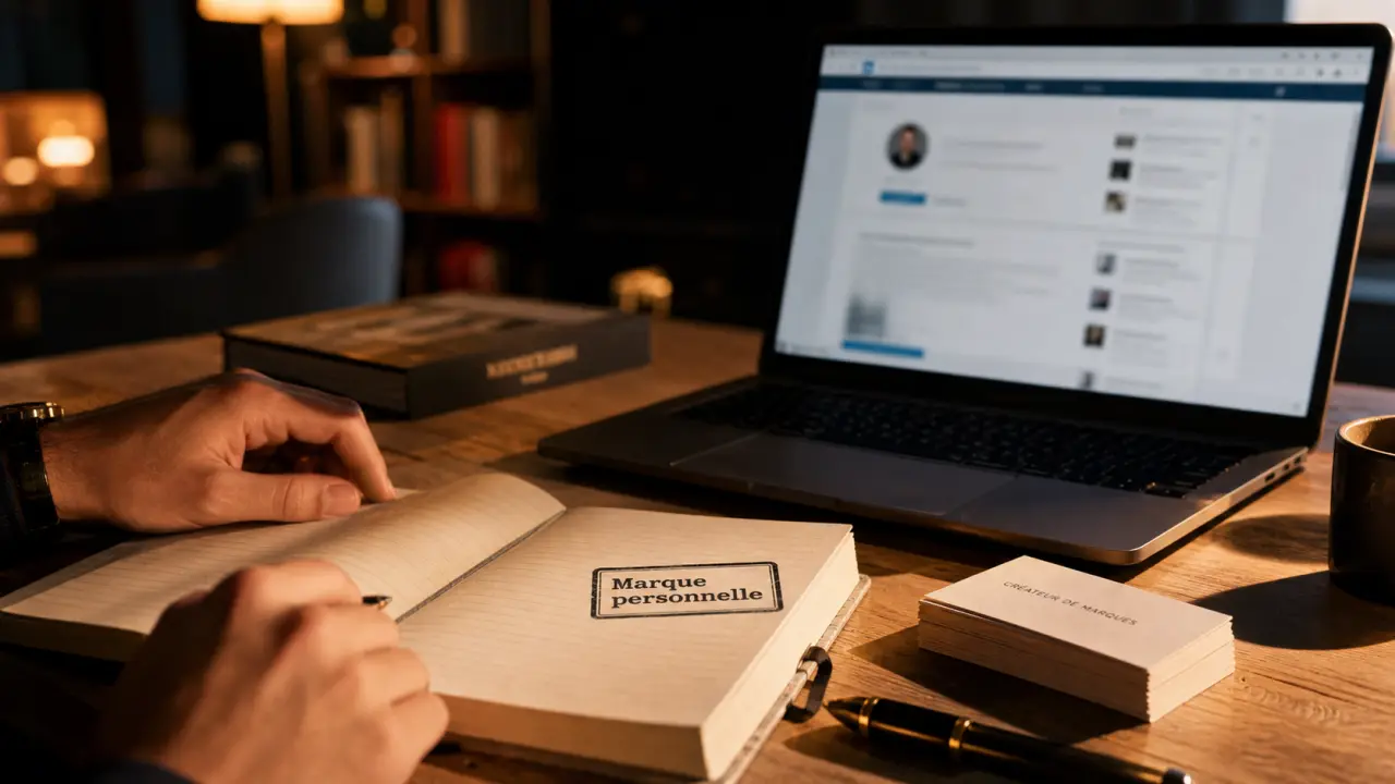 Personal branding définition : carnet marque personnelle et LinkedIn sur bureau