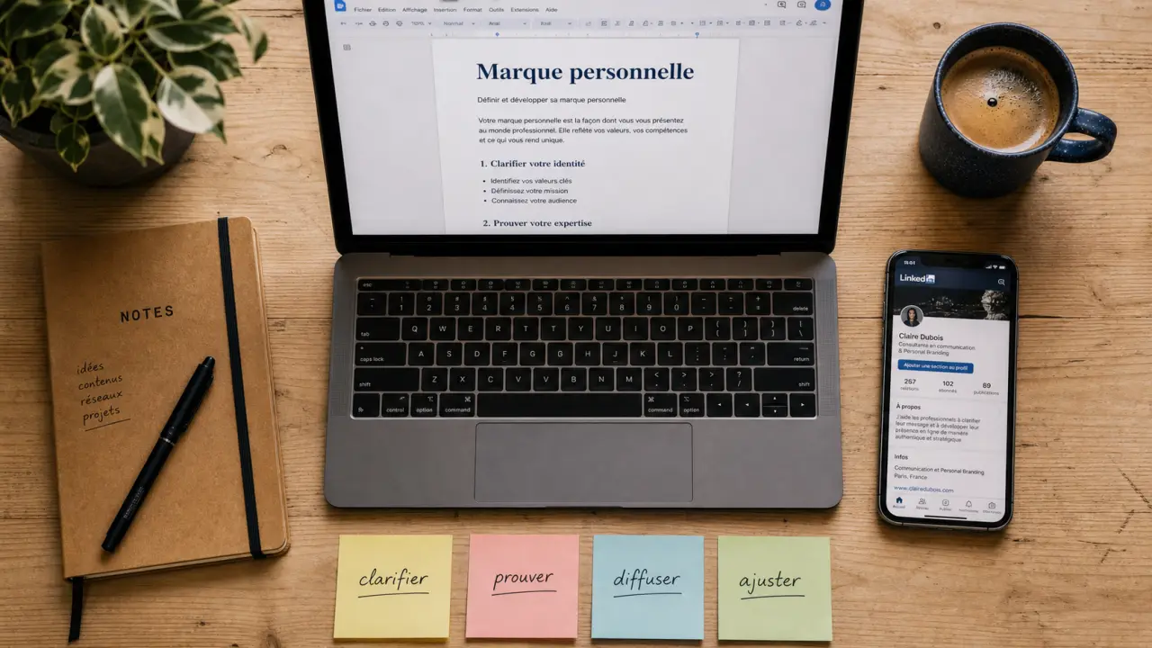 Personal branding définition : ordinateur, LinkedIn et post-it pour bâtir une marque personnelle cohérente