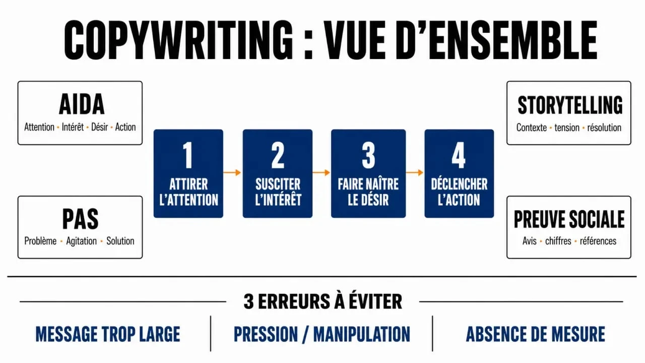 Visual éditorial du copywriting copywriting avec AIDA, PAS et les erreurs à éviter