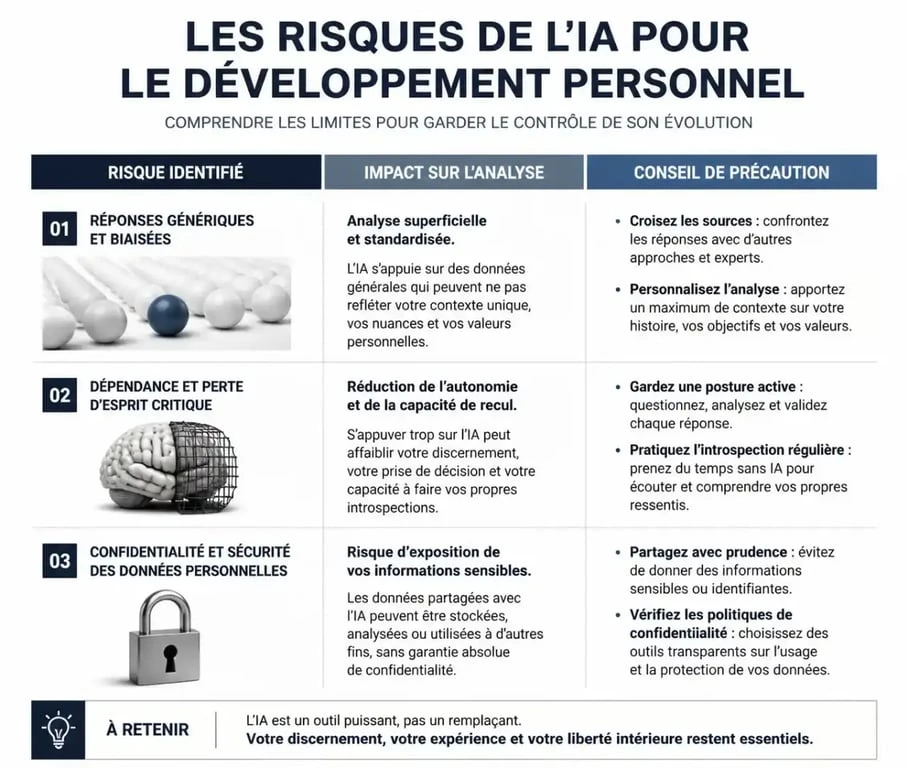 Infographie sur les risques et précautions de l'utilisation d'un prompt ChatGPT pour le développement personnel