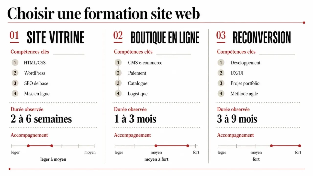 Formation site web : infographie éditoriale comparant site vitrine, boutique en ligne et reconversion avec durées et critères clés