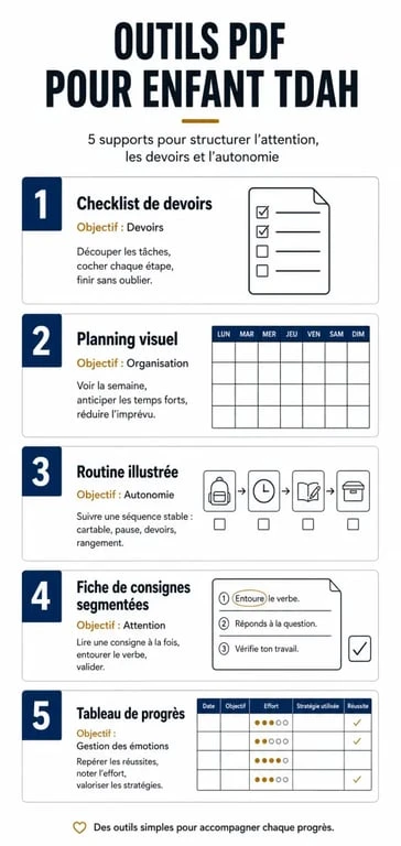 Infographie sur les tdah outils pédagogiques pdf avec checklist, planning visuel, routine illustrée et tableau de progrès