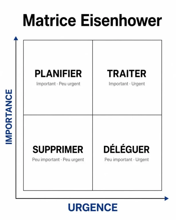 Matrice Eisenhower en quatre quadrants avec les actions traiter, planifier, déléguer et supprimer