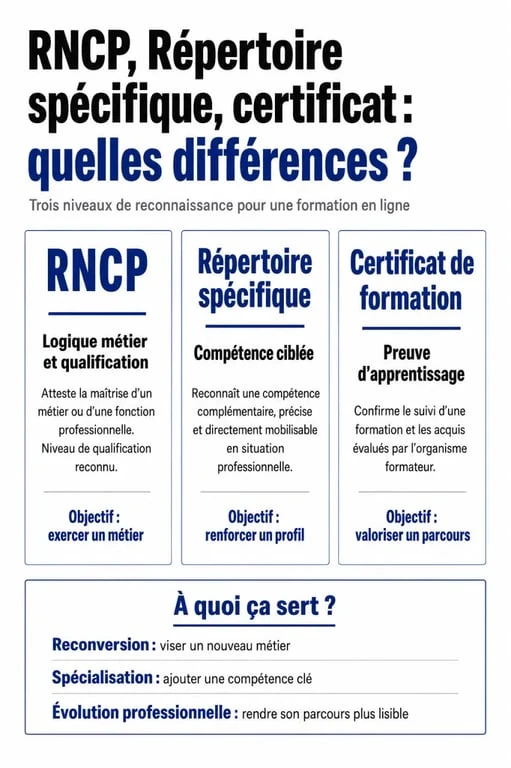 Infographie sur la formation en ligne skilldemy certification valeur : RNCP, Répertoire spécifique et certificat de formation comparés