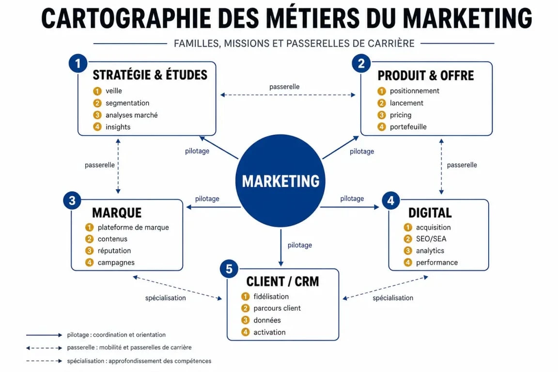 Cartographie des metier dans le marketing par familles, missions et passerelles