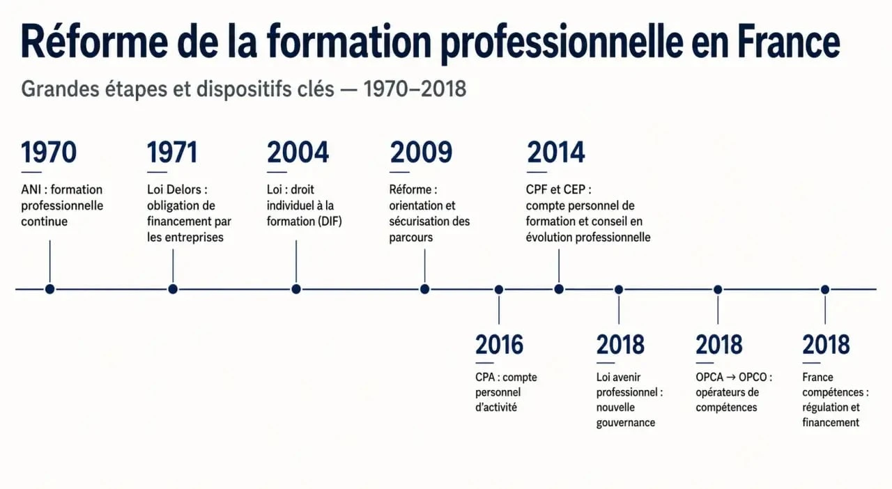 Frise chronologique de la réforme formation professionnelle en France de 1970 à 2018