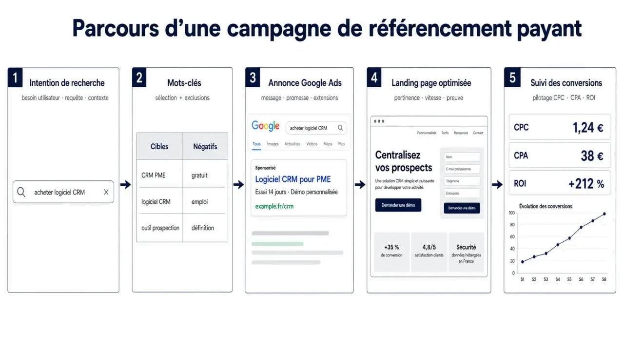 Stratégie référencement payant : schéma du parcours d’une campagne SEA, de l’intention de recherche à la conversion