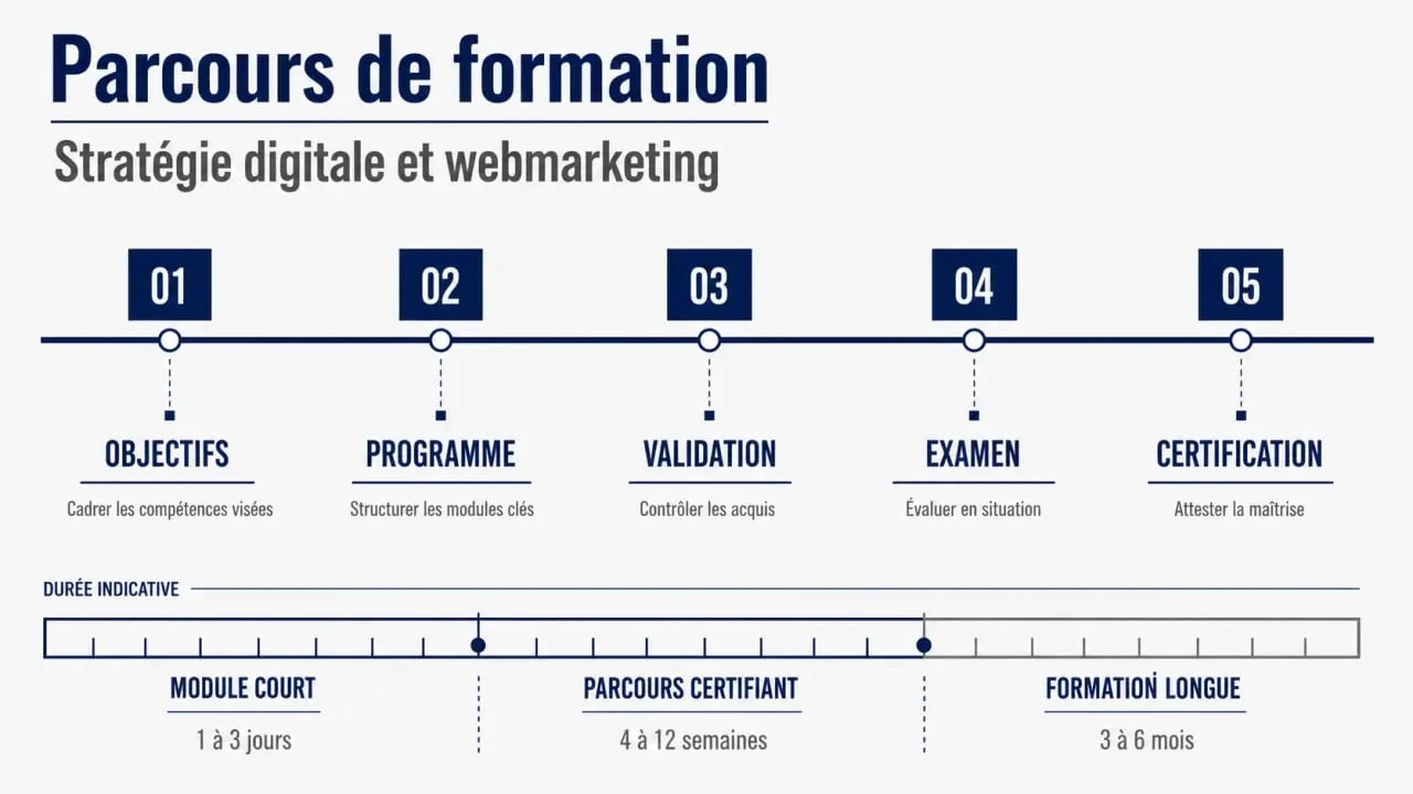 Formation stratégie digitale webmarket certification durée : parcours visuel des étapes de la formation jusqu’à la certification