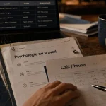 Formation à distance psychologie du travail : table, dossier et ordinateur, 600 h, 2 800 €