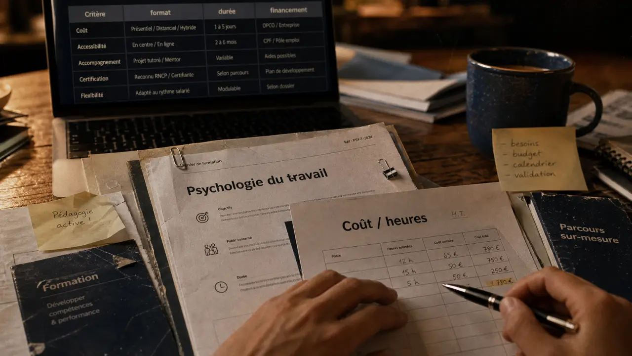 Formation à distance psychologie du travail : table, dossier et ordinateur, 600 h, 2 800 €