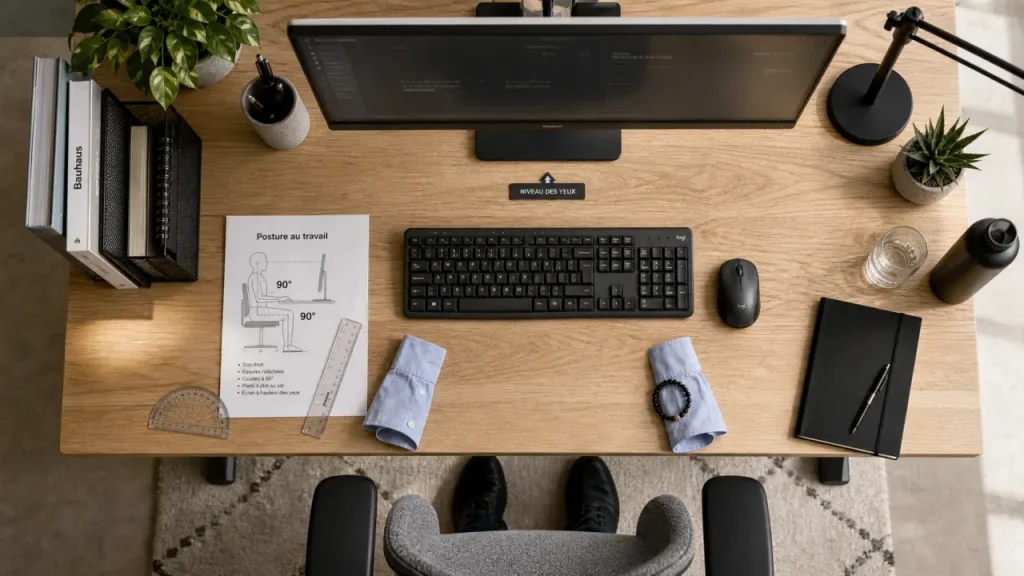 Posture au travail : 90°, écran à hauteur des yeux et pauses toutes les 50 minutes