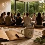 Séminaire bien être en cercle, dans une salle lumineuse au jardin, bain sonore