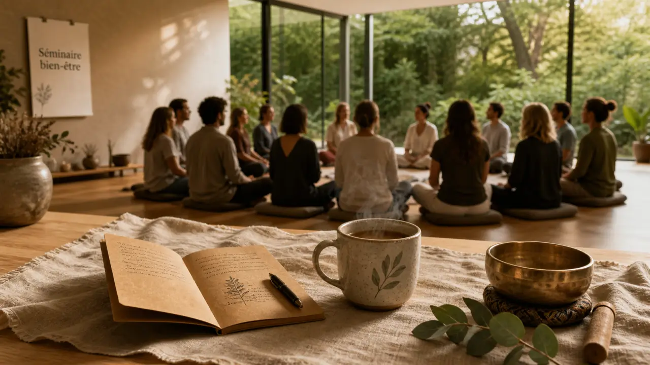 Séminaire bien être en cercle, dans une salle lumineuse au jardin, bain sonore