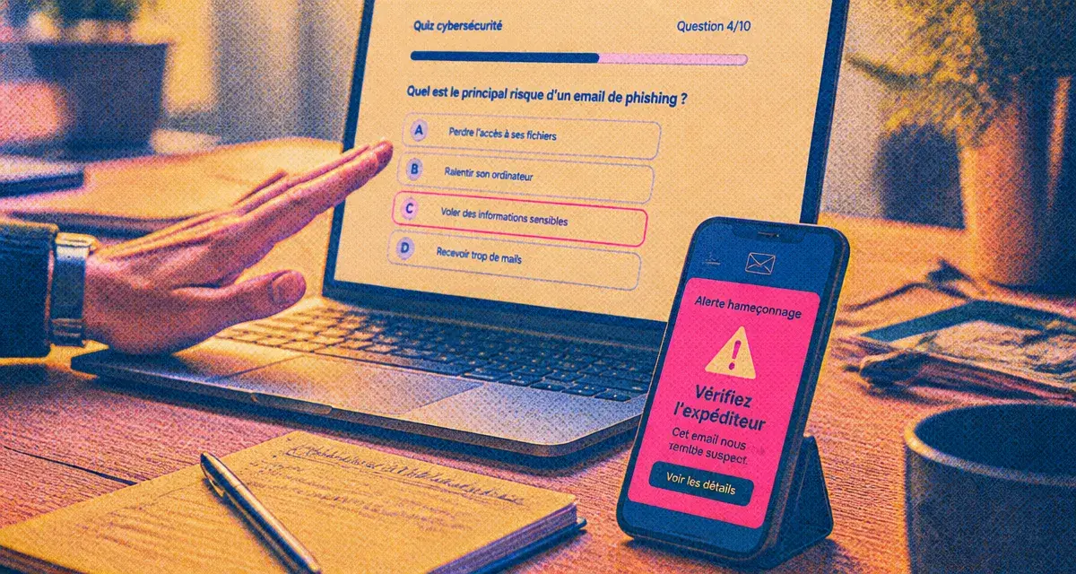 Cours en ligne cybersécurité : alerte d’hameçonnage sur écran