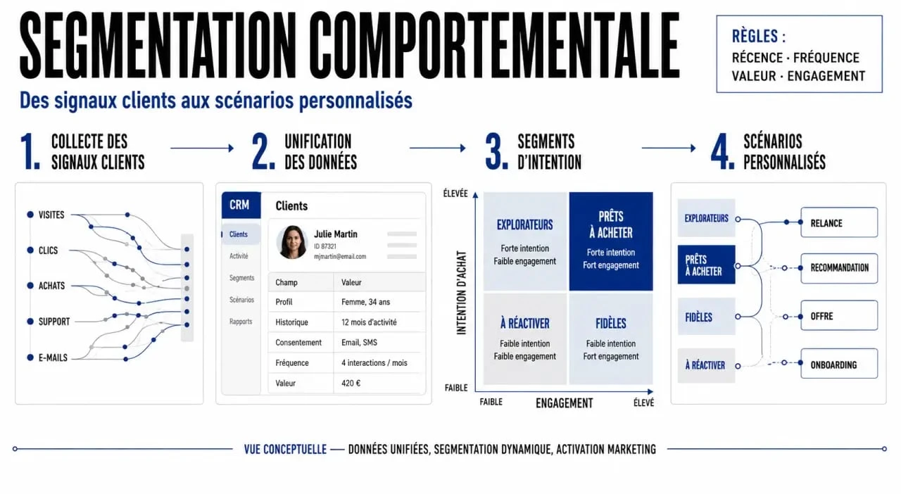 Segmentation comportementale illustrée par un schéma du parcours client et des scénarios marketing