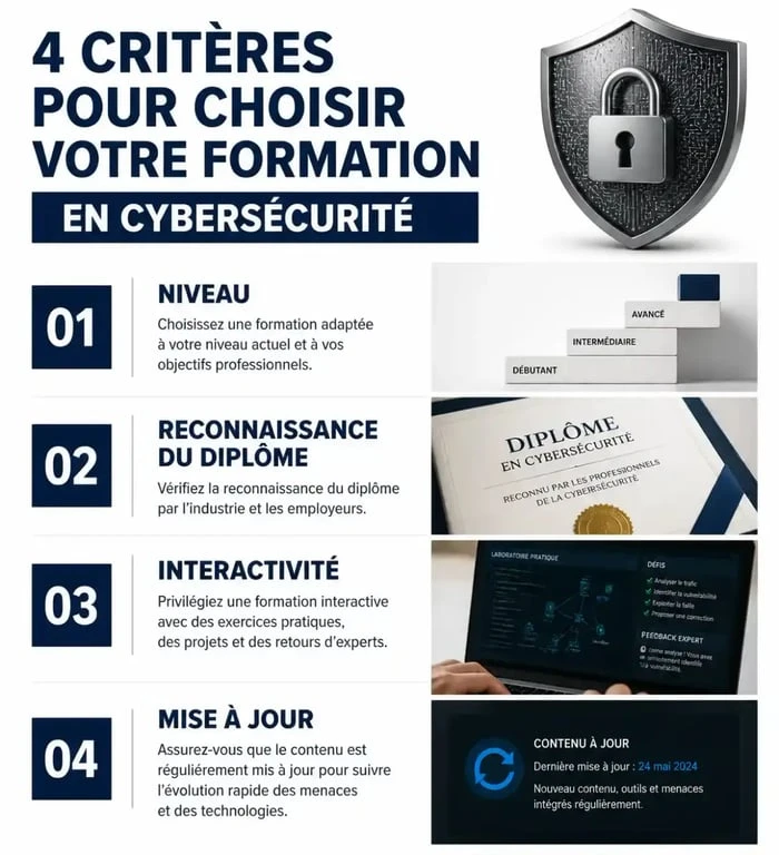 Infographie des critères pour choisir une formation en ligne cybersécurité