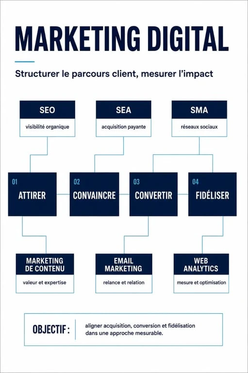 Marketing digital : schéma éditorial des leviers SEO, SEA, SMA, contenu, email et analytics