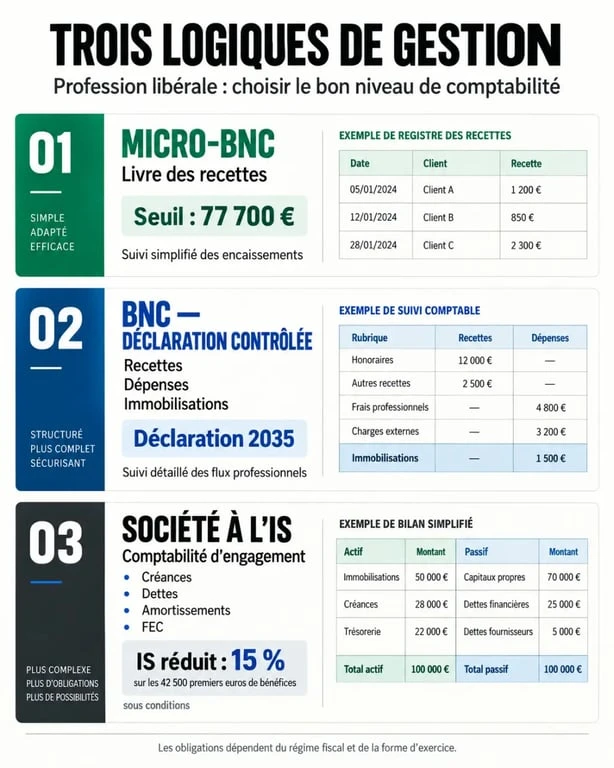 Logiciel comptabilité profession libérale : infographie des régimes micro-BNC, BNC et IS