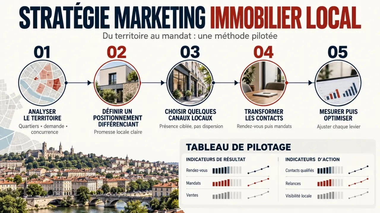 Infographie sur une stratégie marketing immobilier locale et ses indicateurs de pilotage