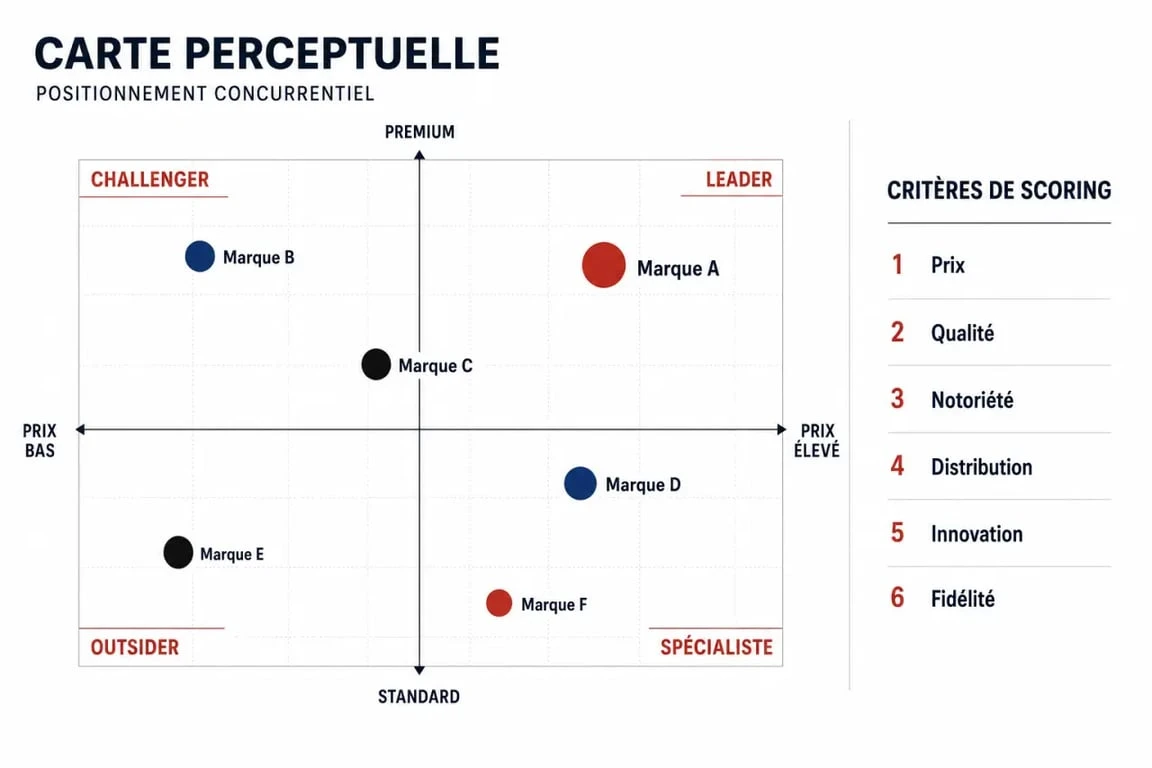 Positionnement concurrentiel : carte perceptuelle des concurrents sur les axes prix et valeur perçue