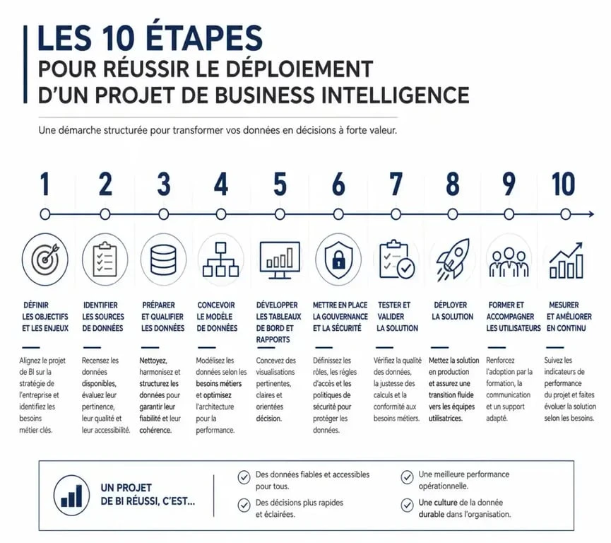 Infographie des 10 étapes clés pour réussir le déploiement d'un projet de business intelligence