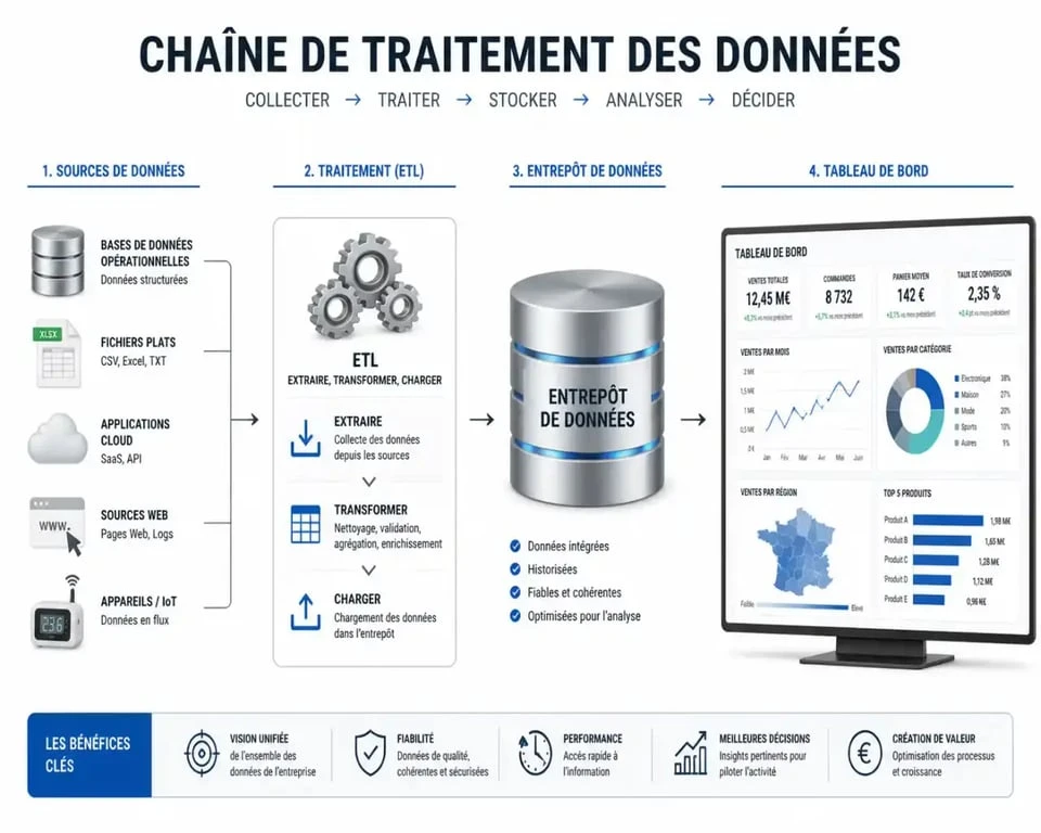 Schéma du flux de données dans un logiciel business intelligence : des sources brutes vers la visualisation finale