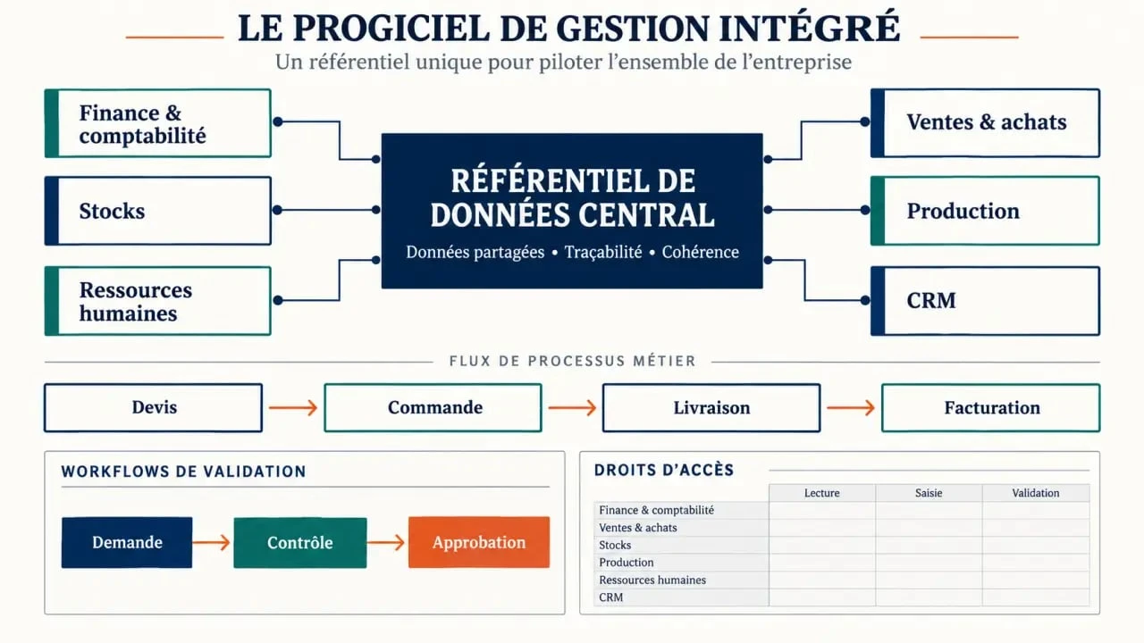 Schéma du fonctionnement d’un progiciel de gestion intégré avec modules, base de données centrale et workflows