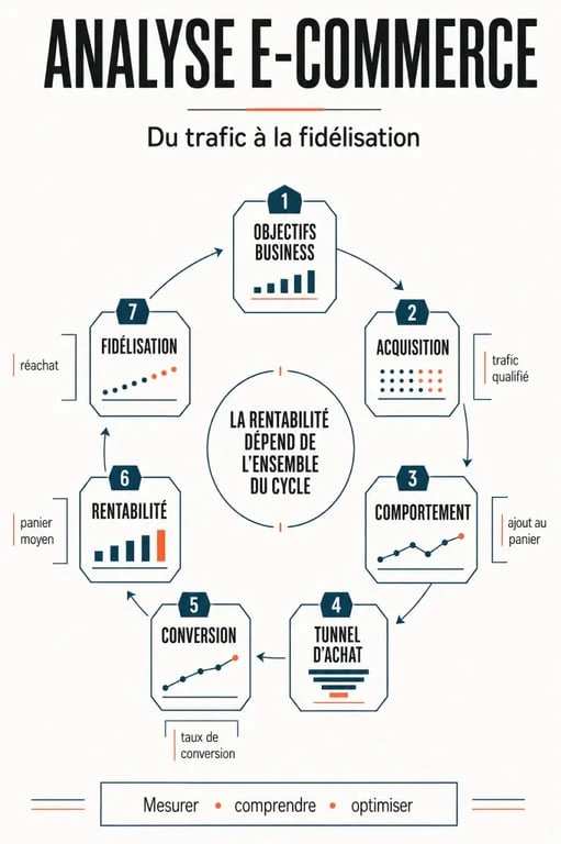 Infographie sur l’analyse site e commerce reliant acquisition, conversion, rentabilité et fidélisation